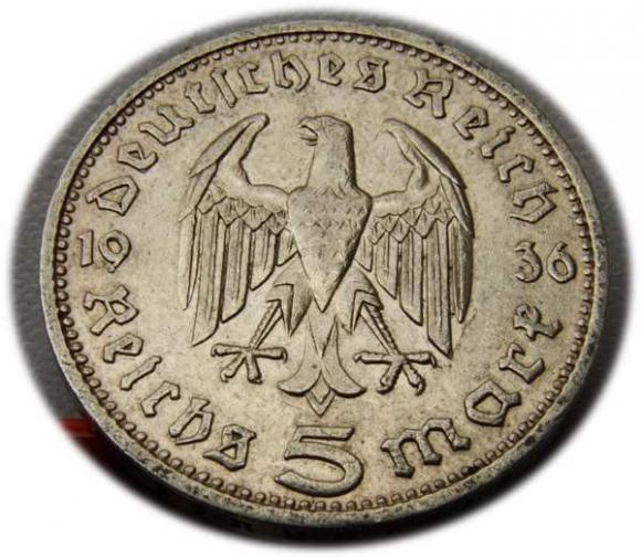 5 marek 1936 D Paul von Hindenburg / orzeł pruski Monachium (2)