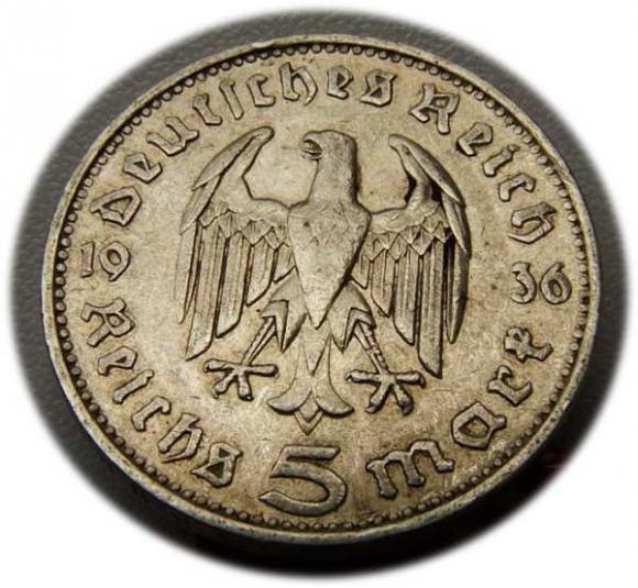 5 marek 1936 Paul von Hindenburg / orzeł pruski Stuttgart (2)