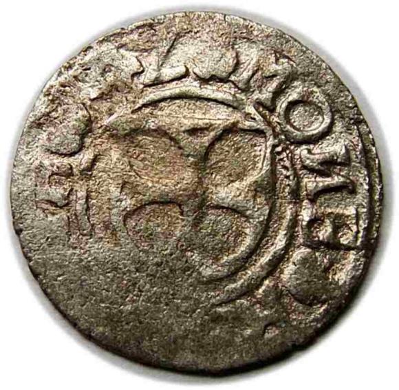 Szeląg 1542 Herman von Bruggenei Zakon Kawalerów Mieczowych Rewal (1)