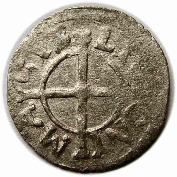 Szeląg 1542 Herman von Bruggenei Zakon Kawalerów Mieczowych Rewal (2)