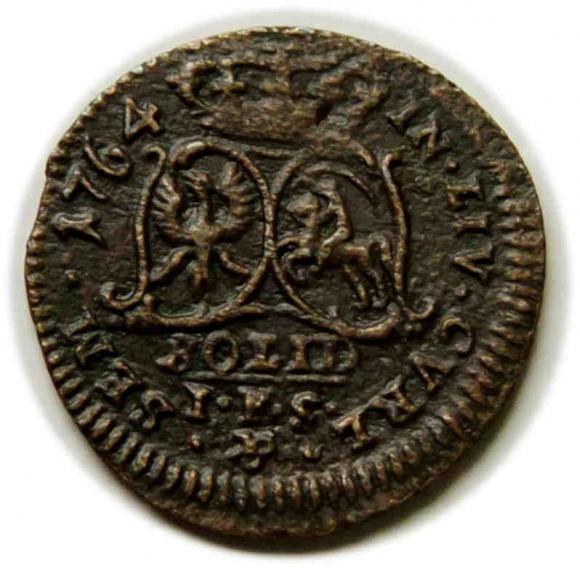 Szeląg 1764 Ernest Jan Biron Księstwo Kurlandzkie, Mitawa (2)