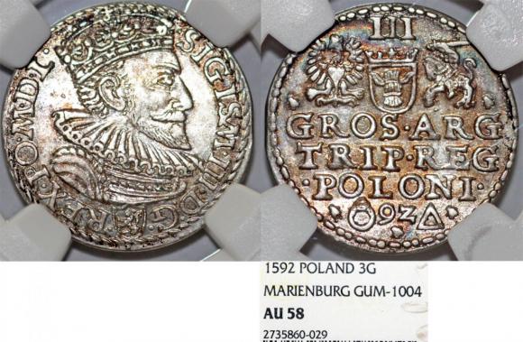 Trojak 1592 Zygmunt III Waza Malbork AU 58 (1)