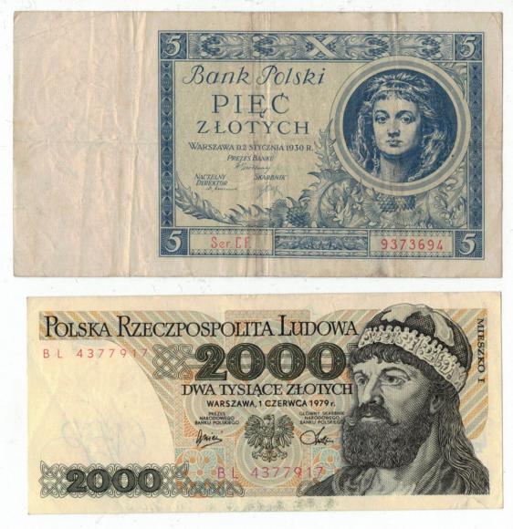 Zestaw 50 zł 1929 10 zł 1929 5 zł 1930 2000 zł 1979 (3)