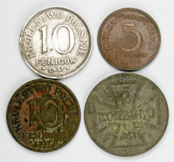 Zestaw 4 monet: 5 fenigów 1917 2 x 10 fenigów 1917 2 kopiejki 1916 (1)