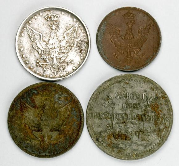 Zestaw 4 monet: 5 fenigów 1917 2 x 10 fenigów 1917 2 kopiejki 1916 (2)