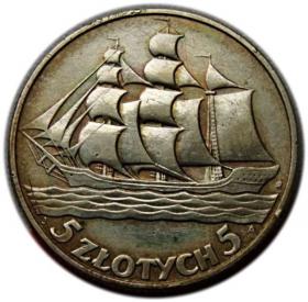 Obrazek dla: 5 złotych 1936 II RP Żaglowiec