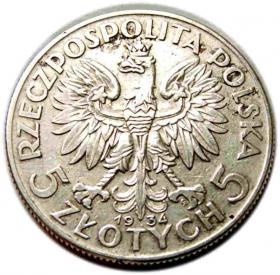 Obrazek 2 dla: 5 złotych 1934, Głowa Kobiety, II RP, Warszawa