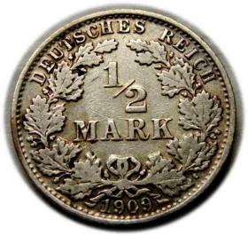 Obrazek dla: 1/2 marki 1909 Wilhelm II Hohenzollern Niemcy Berlin