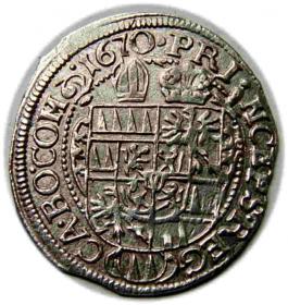 Obrazek 2 dla: 3 krajcary 1670 Karol II Lichtenstein Ołomuniec