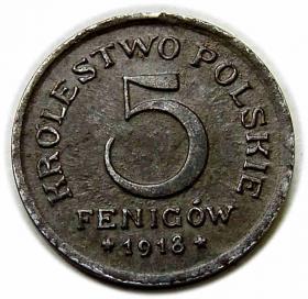 Obrazek dla: 5 fenigów 1918 Królestwo Polskie Stuttgart