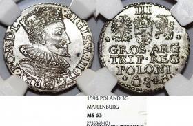 Obrazek dla: Trojak 1594 Zygmunt III Waza Malbork; MS 63