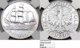 Obrazek dla: 5 złotych 1936 Statek Żaglowiec srebro AU 53