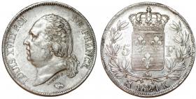 Obrazek dla: 5 franków 1824 K Ludwik XVIII Francja Bordeaux
