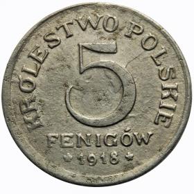 Obrazek dla: 5 fenigów 1918 Królestwo Polskie Stuttgart
