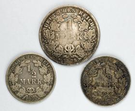 Obrazek dla: Zestaw 3 monet 1 marka 1875 D, 1/2 marki 1905 A, 1/2 marki 1906 D Niemcy