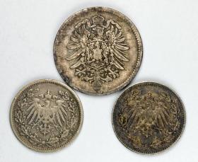 Obrazek 2 dla: Zestaw 3 monet 1 marka 1875 D, 1/2 marki 1905 A, 1/2 marki 1906 D Niemcy