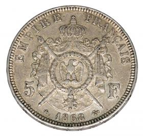 Obrazek 2 dla: 5 franków 1868 Napoleon III Bonaparte Francja Strasburg