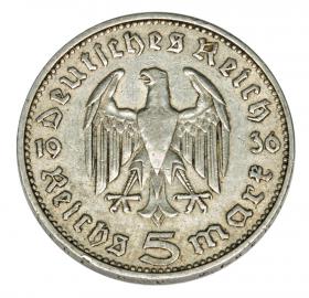 Obrazek 2 dla: 5 marek 1936 Paul von Hindenburg orzeł pruski Niemcy Hamburg J
